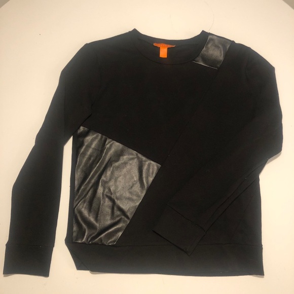 Black Jersey & Faux Leather Crewneck Sweater - Picture 3 of 4
